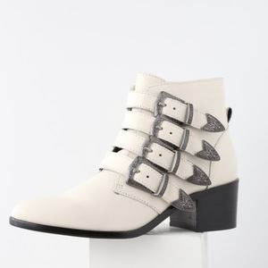 Steve Madden White Leather Belted Ankle Booties